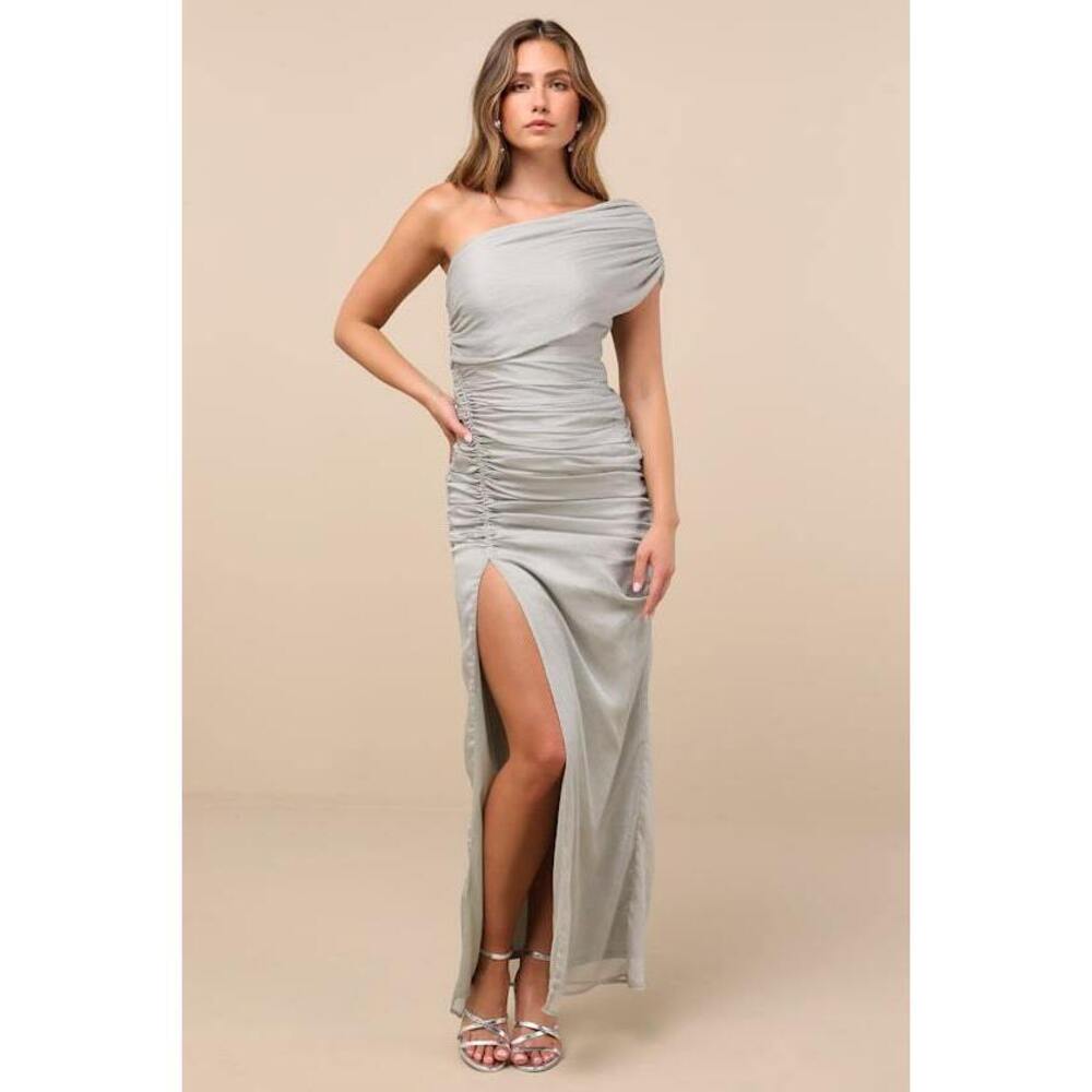 Lulus Kyleah Light Sage Ruched One-shoulder Maxi Dress Green - Size XL